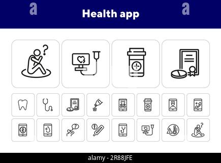 Set di icone della riga dell'app Health Illustrazione Vettoriale