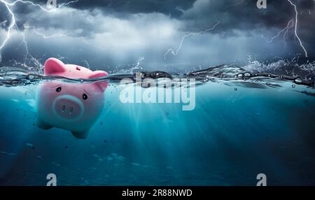 Piggy Bank a rischio di annegamento nel debito - concetto di Crisis Financial Banking - contiene il rendering 3d. Foto Stock