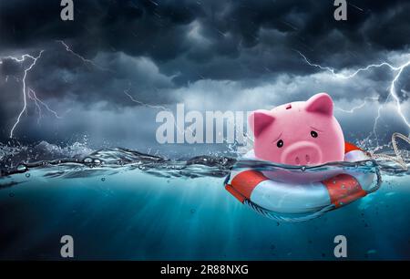 Il concetto di salvataggio e assicurazione bancaria - Piggy Bank a rischio di annegamento del debito - contiene il rendering 3d. Foto Stock