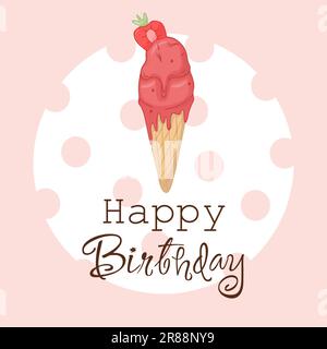Cono di gelato alla fragola disegnato a mano su fondo rosa. Illustrazione disegnata per una giornata di compleanno o di gelato nazionale. Illustrazione Vettoriale