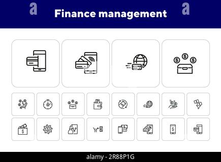 Set di icone della riga di gestione finanziaria. Reddito, pagamento mobile Illustrazione Vettoriale