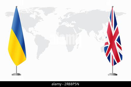 Bandiere di Ucraina e Regno Unito per l'incontro ufficiale sullo sfondo della mappa mondiale. Illustrazione Vettoriale