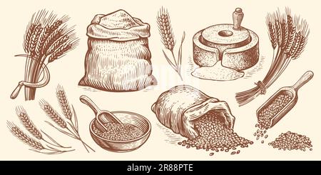 Concetto di grano di fattoria. Set di illustrazioni vettoriali da forno disegnate a mano. Cottura del pane, raccolta di cibo Illustrazione Vettoriale