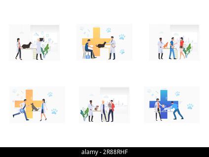 Set di proprietari che visitano veterinario in clinica di veterinario Illustrazione Vettoriale