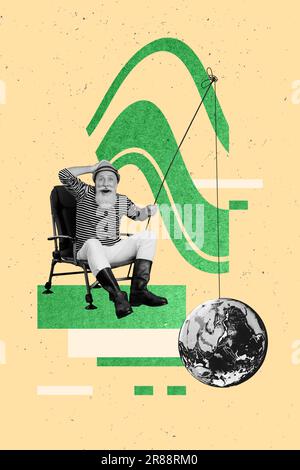Immagine collage creativa di vecchio pescatore retrò divertente sorpreso nonno cattura terra pianeta sporco isolato su sfondo disegnato Foto Stock