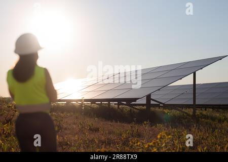 Ingegnere femminile che guarda i pannelli solari. Figura invisibile, sfocata. Atmosfera positiva. Foto Stock