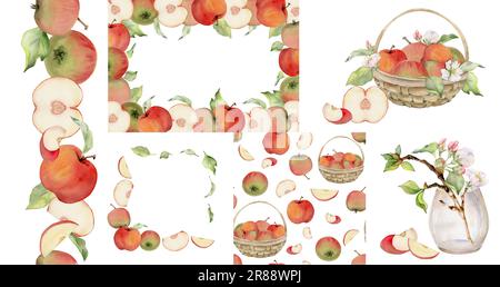 Set acquerello disegnato a mano con cornici, corone e composizioni. Frutta di mela, fiori, foglie, rami. Oggetto isolato su sfondo bianco. Design Foto Stock