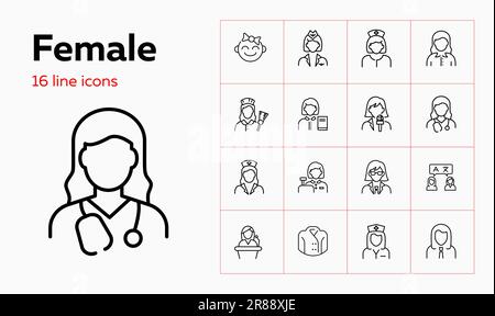 Set di icone linea femminile. Bambina, cassiere, donna, infermiera. Concetto di persone. Può essere utilizzato per argomenti come età, lavoro, occupazione Illustrazione Vettoriale