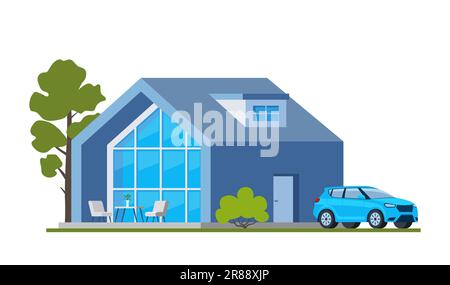 Bella casa moderna con auto. Esterno villa di lusso, casetta di campagna, casa di famiglia, immobiliare e SUV auto. Concetto di casa intelligente. Rapporto di illustrazione del vettore Illustrazione Vettoriale