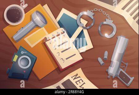 Detective posto di lavoro. Equipaggiamento degli agenti di polizia e strumenti di spionaggio contesto concettuale esatto dei cartoni animati vettoriali Illustrazione Vettoriale