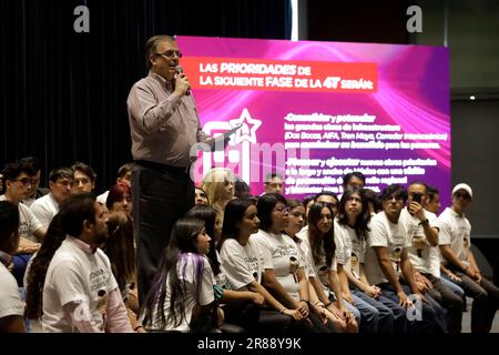 Non esclusiva: 19 giugno 2023, Città del Messico, Messico: L'ex ministro degli Esteri messicano Marcelo Ebrard Casaubon in un incontro con i giovani al via Foto Stock