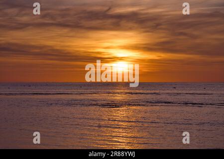 Tramonto, cigni che nuotano nel mare illuminato. Onde luminose. Isola di Poel sul Mar Baltico. Foto della natura dalla costa Foto Stock