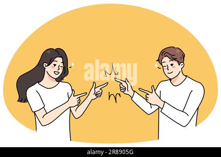 Sorridendo l'uomo e la donna che scherzavano l'uno con l'altro. Ragazzo felice e ragazza che scherzano hanno divertimento insieme. Amicizia e buone relazioni concetto. Illustrazione vettoriale. Illustrazione Vettoriale