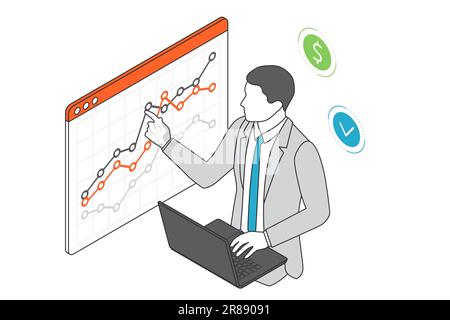 Marketing isometrico Business to Business, analisi aziendale, analisi, ricerca, statistica strategica, pianificazione, marketing Illustrazione Vettoriale