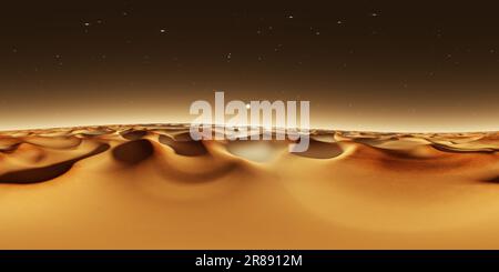 Visualizzazione panoramica a 360 gradi di Panorama a 360 gradi del tramonto su Marte, dune di sabbia di Marte, ambiente 360 mappa HDRI. Proiezione equirettangolare, panorama sferico. rendering 3d.