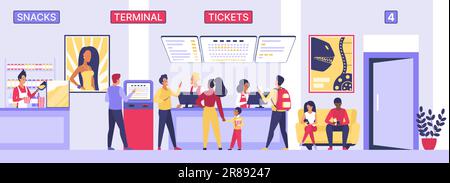 La gente compra i biglietti per il film prima in cinema teatro lobby illustrazione vettoriale. Interno del cinema Cartoon con personaggi al banco del negozio di popcorn, ingresso alla sala e poster dell'attrice, terminal Illustrazione Vettoriale