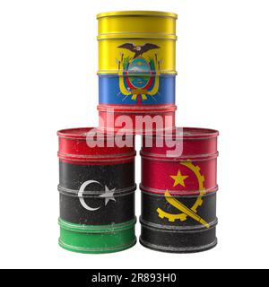 Vecchi tamburi petroliferi con bandiere nazionali di Angola, Ecuador e Libia. Rendering 3D Foto Stock