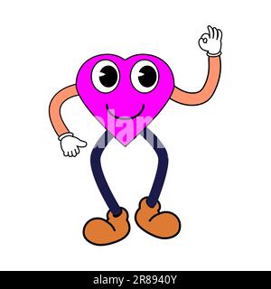 Set di cartoni animati di Groovy simpatici personaggi sorridenti, vintage. Adesivi fumetti per emoticon vivaci e originali Illustrazione Vettoriale