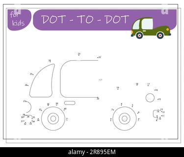 Un gioco con numeri, un gioco educativo da punto a punto per bambini, auto da cartone animato. Illustrazione vettoriale Illustrazione Vettoriale