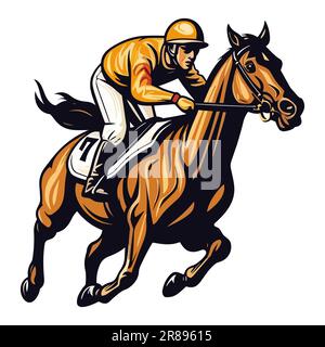 Jockey in sella a un cavallo da corsa, disegno colorato, disegno vettoriale in stile piatto isolato su sfondo bianco. Illustrazione Vettoriale