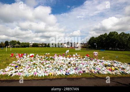 Tributi floreali al King George's Park di Harryville, Ballymena, in ricordo di Chloe Mitchell. Ryan Johnston Gordon, 34 anni, da Nursery Close, Ballymena, è apparso tramite video link dal carcere di Maghaberry incaricato di assistere un delinquente per la morte di Chloe, 21 anni, che è stato visto l'ultima volta nelle prime ore di Sabato 3 giugno nel centro di Ballymena. Data immagine: Martedì 20 giugno 2023. Foto Stock