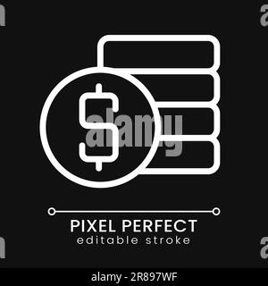 Monete stack e dollaro simbolo pixel perfetto bianco icona lineare per tema scuro Illustrazione Vettoriale