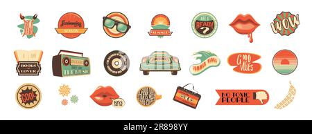Confezione di adesivi groovy Summer Vibe isolati su sfondo bianco. Illustrazione vettoriale di toppe di stile retrò con auto, registratore a nastro, labbra, piastra in vinile, onda, sole, caffè e testo divertente. Arte alla moda Illustrazione Vettoriale