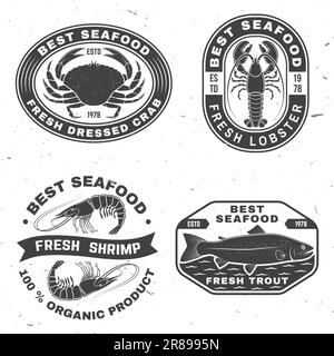 Set di migliori badge di pesce. Aragosta fresca, trota, gamberetti, granchio vestito. Illustrazione vettoriale. Per emblema di pesce, insegna, patch, camicia, menu ristoranti Illustrazione Vettoriale