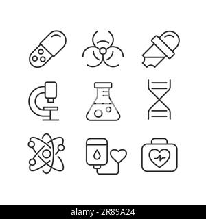 Insieme di icone lineari perfette pixel correlate alla scienza Illustrazione Vettoriale