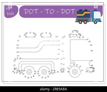 Un gioco con numeri, un gioco educativo da punto a punto per bambini, auto da cartone animato. Illustrazione vettoriale Illustrazione Vettoriale