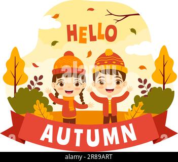 Autunno vettore Illustrazione Bambini Panoramica di montagne e acero caduto con giallo Foliage in Cartoon mano disegnato Landing Page modelli Illustrazione Vettoriale