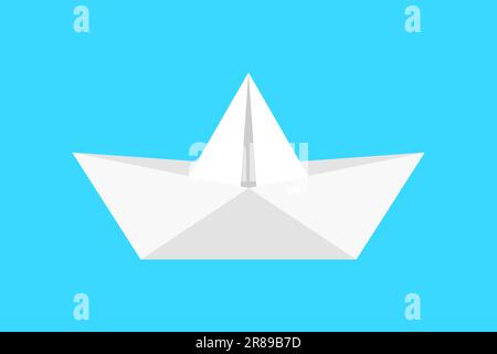 Barca di carta Origami isolata su uno sfondo blu. Icona di carta piegata per nave bianca. Concetto di navigazione. Arte e artigianato. Attività estive. Vettore Illustrazione Vettoriale