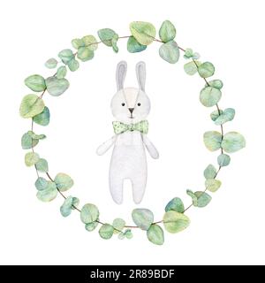 Telaio dell'acquazzone del bambino carino con i giocattoli della bambola del coniglietto del bambino nella corona di eucalipto. Coniglio peluche con arco verde. Illustrazione disegnata a mano acquerello giocattoli ecologici per bambini Foto Stock