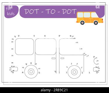 Un gioco con numeri, un gioco educativo da punto a punto per bambini, auto da cartone animato. Illustrazione vettoriale Illustrazione Vettoriale