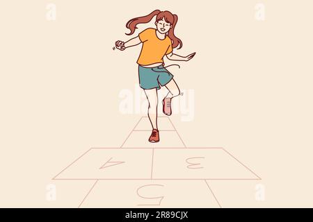 La bambina gioca a salti di hopscotch su gabbie disegnate su asfalto su pavimentazione nelle soleggiate giornate estive. Una ragazza adolescente felice conduce uno stile di vita attivo e gioca a hopscotch nel tempo libero da scuola Illustrazione Vettoriale