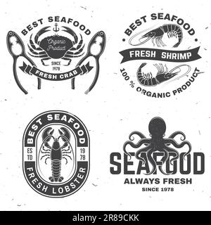 Set di migliori badge di pesce. Aragosta fresca, polpo, gamberetti, granchio vestito. Illustrazione vettoriale. Per emblema di pesce, cartello, cerotto, camicia, menu Illustrazione Vettoriale