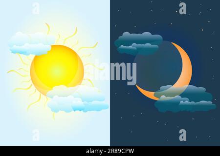 Cielo diurno e notturno con luna e sole. Sole e lunare come giorno di equinozio vernale o autunnale. Stagioni della terra. Previsioni del tempo. Illustrazione vettoriale Illustrazione Vettoriale