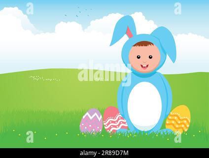 Illustrazione cartoon di un bambino in costume di coniglio, per tema di pasqua Illustrazione Vettoriale