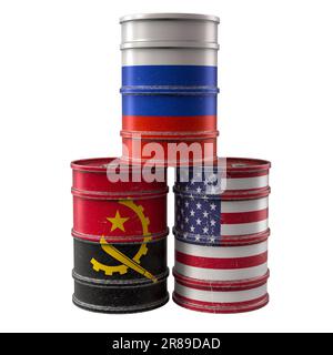 Vecchi tamburi petroliferi con bandiere nazionali di Angola, Stati Uniti e Russia. Rendering 3D Foto Stock