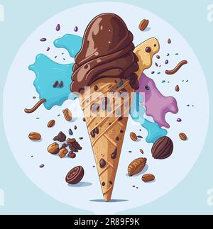 Gelato al cioccolato nel vettore di cialde a cono. Illustrazione Vettoriale