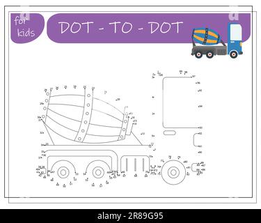 Un gioco con numeri, un gioco educativo da punto a punto per bambini, auto da cartone animato. Illustrazione vettoriale Illustrazione Vettoriale