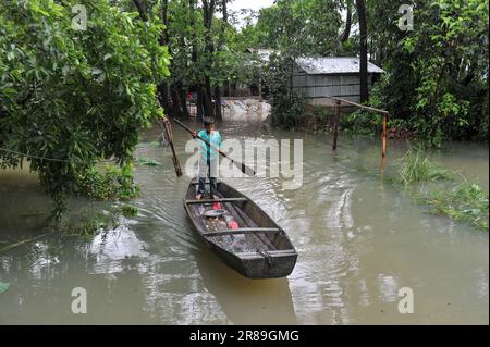 Sylhet, Bangladesh. 19th giugno, 2023. A causa delle continue piogge e dei pendii collinari, il livello dell'acqua dei fiumi e dei ruscelli sta aumentando e l'acqua sta entrando nella località. Vi è il pericolo di inondazioni. La gente del posto ora usa la barca come mezzo di trasporto in questa zona. La foto è stata scattata oggi dall'Unione Nandir Gao di Goainghat Upazila. Il 19 giugno 2023. Sylhet, Bangladesh (Foto di MD Rafayat Haque Khan/ Eyepix Group/Sipa USA) Credit: Sipa USA/Alamy Live News Foto Stock