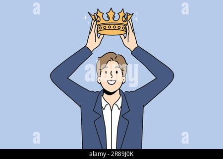 Donna d'affari sorridente ha messo la corona dorata sulla testa. Felice dipendente maschio coronato. Royalty e leadership. Illustrazione vettoriale. Illustrazione Vettoriale