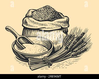 Grano in sacco di tela, ciotola di farina con paletta di legno e spighe di grano. Cibo di fattoria. Illustrazione vettoriale di schizzo vintage Illustrazione Vettoriale