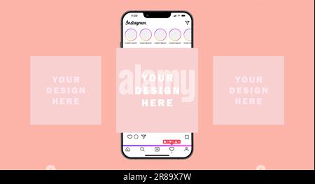 Avanzamento Instagram. Interfaccia applicazioni. Attività, notizie, follower, abbonamento, come, storie, nuovo post. Apple iPhone mockup. Sfondo pastello Backgr Illustrazione Vettoriale