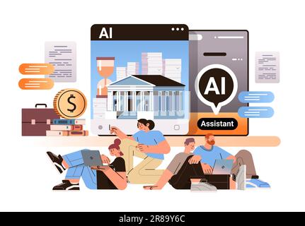 gli studenti imparano online in un'app per computer con concetto di e-learning basato su ai helper bot education assistant Illustrazione Vettoriale