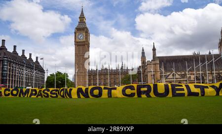 Londra, Regno Unito. 20th giugno 2023. Gli attivisti del Regno Unito di Amnesty hanno un'enorme bandiera di "compassione, non crudeltà" in Piazza del Parlamento nella Giornata Mondiale del Rifugiato. Credit: Vuk Valcic/Alamy Live News Foto Stock