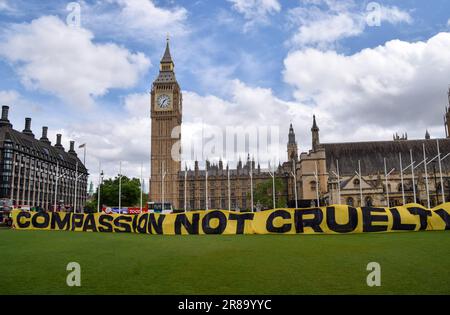 Londra, Regno Unito. 20th giugno 2023. Gli attivisti del Regno Unito di Amnesty hanno un'enorme bandiera di "compassione, non crudeltà" in Piazza del Parlamento nella Giornata Mondiale del Rifugiato. Credit: Vuk Valcic/Alamy Live News Foto Stock