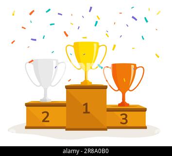 Podio vincitori con coppe trofei e confetti. Premiazione del premio vettoriale. Illustrazione Vettoriale