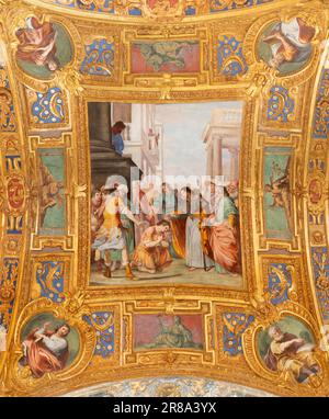 GENOVA, ITALIA - 6 MARZO 2023: La scena dell'affresco dalla vita di San Giacomo Apostolo della Basilica della Santissima Annunziata del Vastato Foto Stock